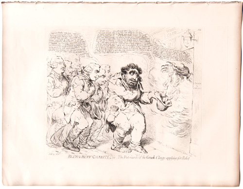 original James Gillray etchings Blue and Buff Charity; or, The Patriarch of the Greek Clergy Applying for Relief